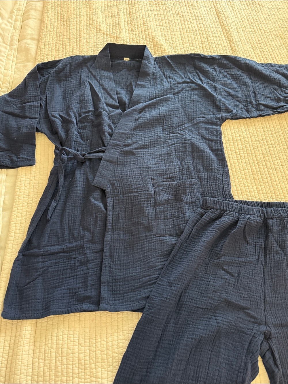 Women’s Navy Blue Cotton Gauze kimono top/ Pajama Set